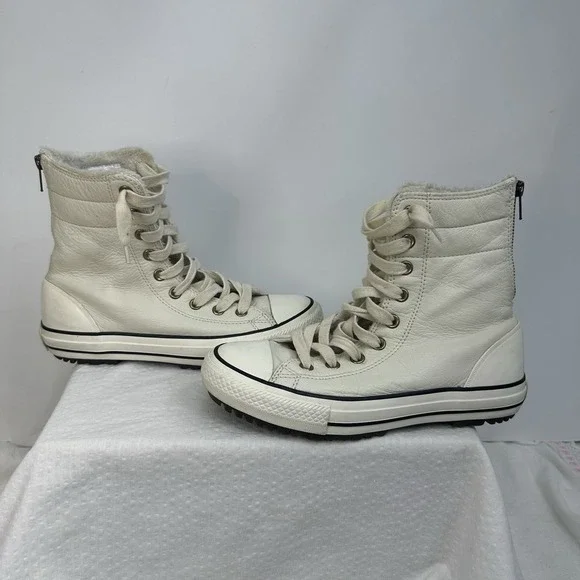 Converse Women's Size 8 Ivory Leather High Rise High Top Lined Lugged Back Zip - Picture 7 of 15